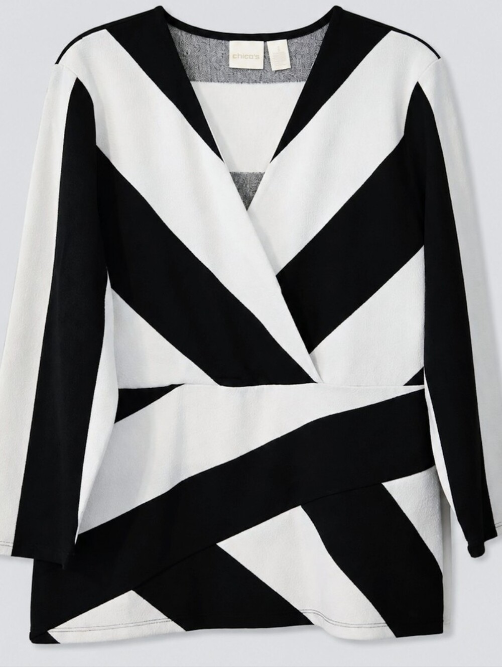 Chico's Black and White Geometric Wrap Top Chicos Size 1